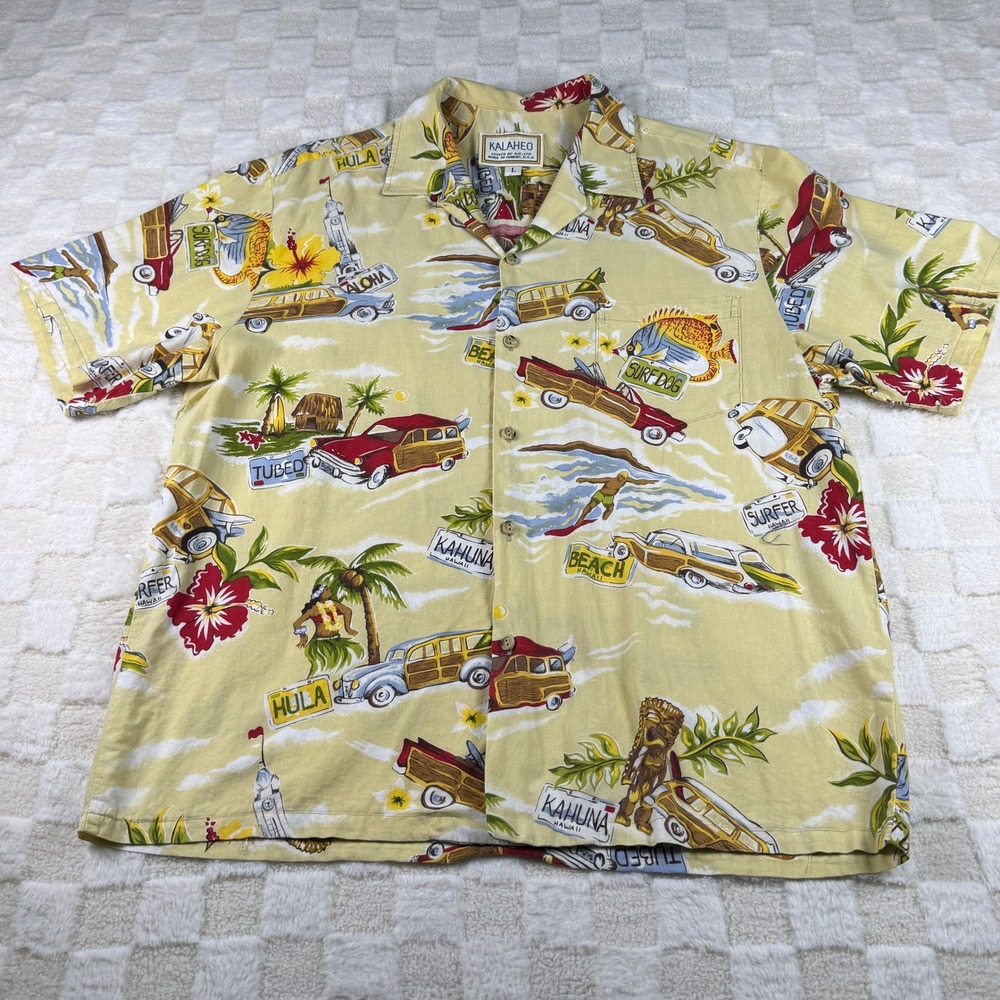 Kalaheo Hawaiian Shirt Mens L Aloha Surfboard Tiki Woodie‎ Car Vacation